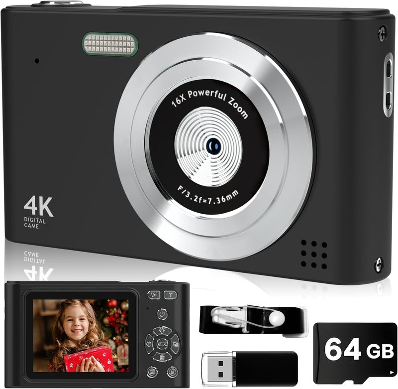 BEARBISU Digital Camera, 44MP Full HD 1080P Point and Shoot Camera with 64GB Card, Anti Shake 16X Zoom Compact Volg Cameras, Portable Small Camara Gift for Kids, Ages Teen Girl Boy - Black - Image 1